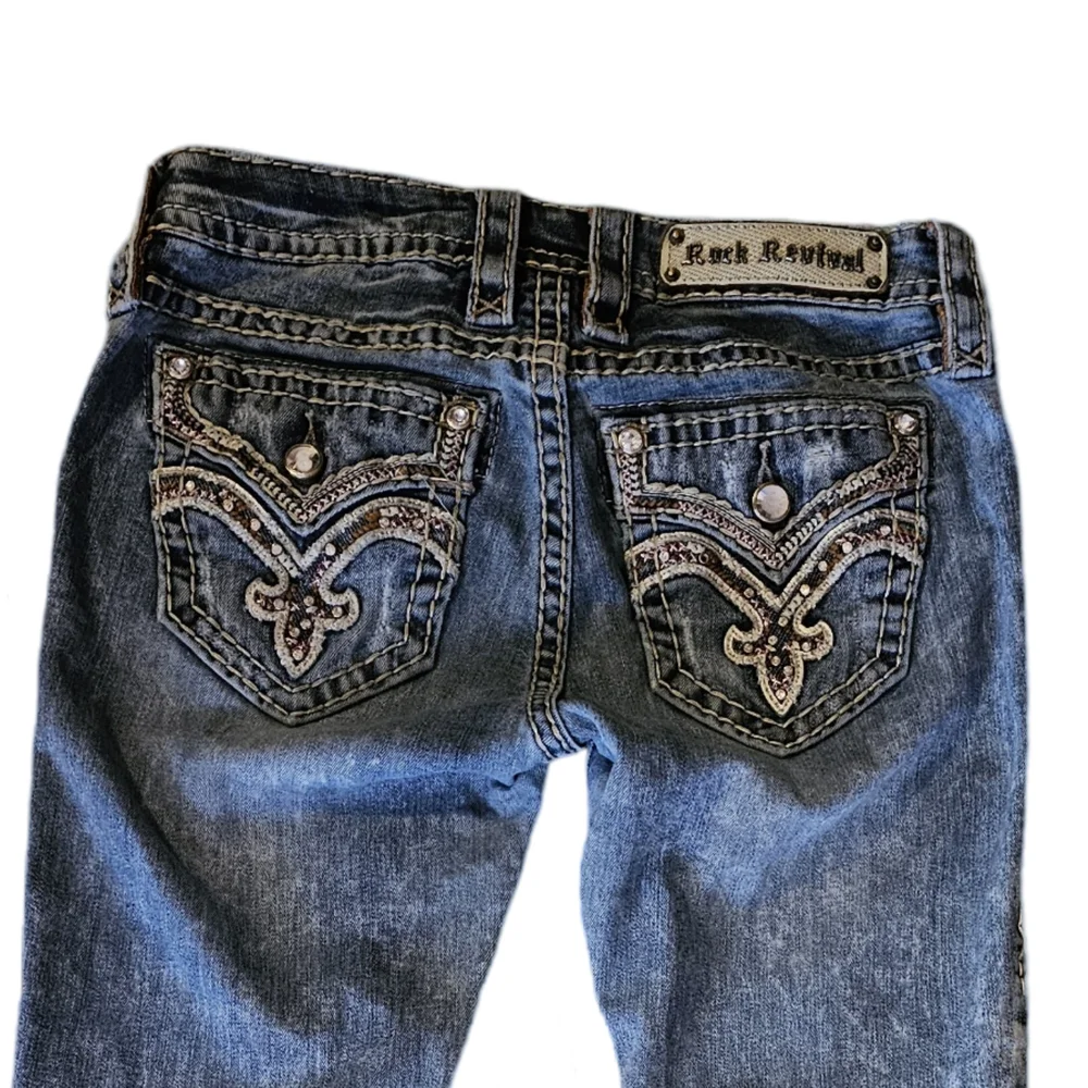 Rock Revival Blue Straight Leg Jeans with Ornate Embroidery - Picture 1 of 7